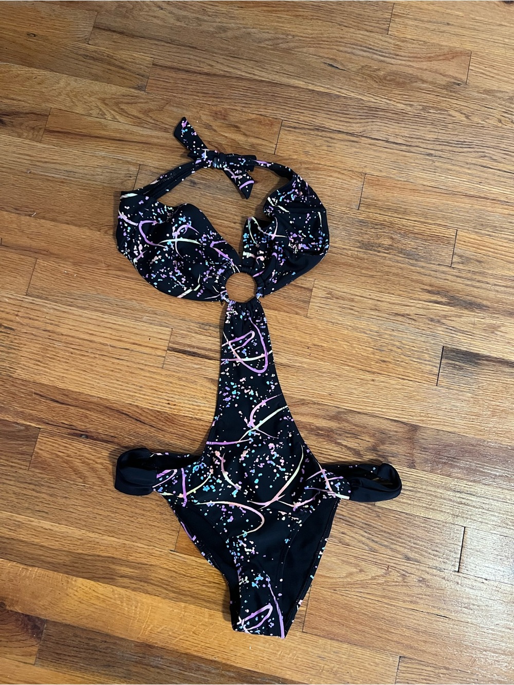 Wet Seal Black One-Piece Swimsuit with Pink & Teal Print
